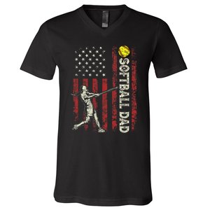 Softball Dad US Flag Gifts For Dad Men Patriotic Fathers Day V-Neck T-Shirt