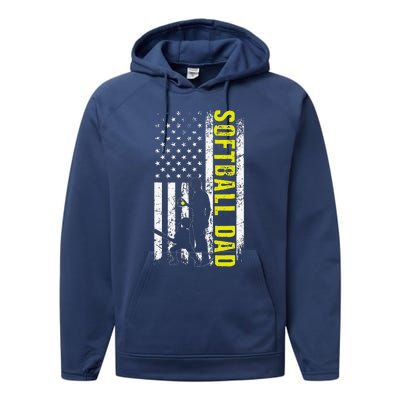 Softball DAD USA Flag Softball Players Dad Fathers Day Performance Fleece Hoodie