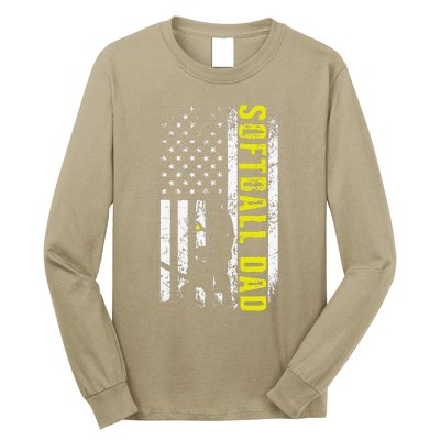 Softball DAD USA Flag Softball Players Dad Fathers Day Long Sleeve Shirt