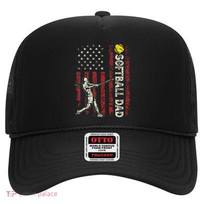 Softball Dad Us Flag High Crown Mesh Back Trucker Hat