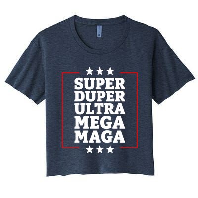 Super Duper Ultra Mega MAGA Funny USA Republican VOTE Trump Long Women's Crop Top Tee