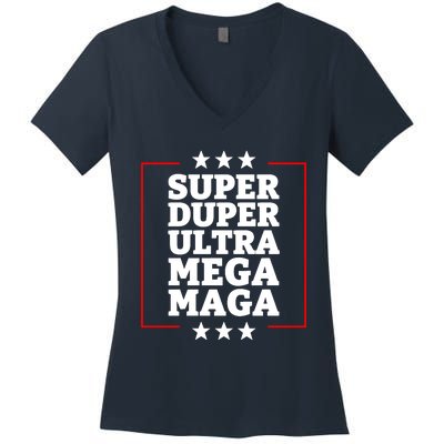 Super Duper Ultra Mega MAGA Funny USA Republican VOTE Trump Long Women's V-Neck T-Shirt