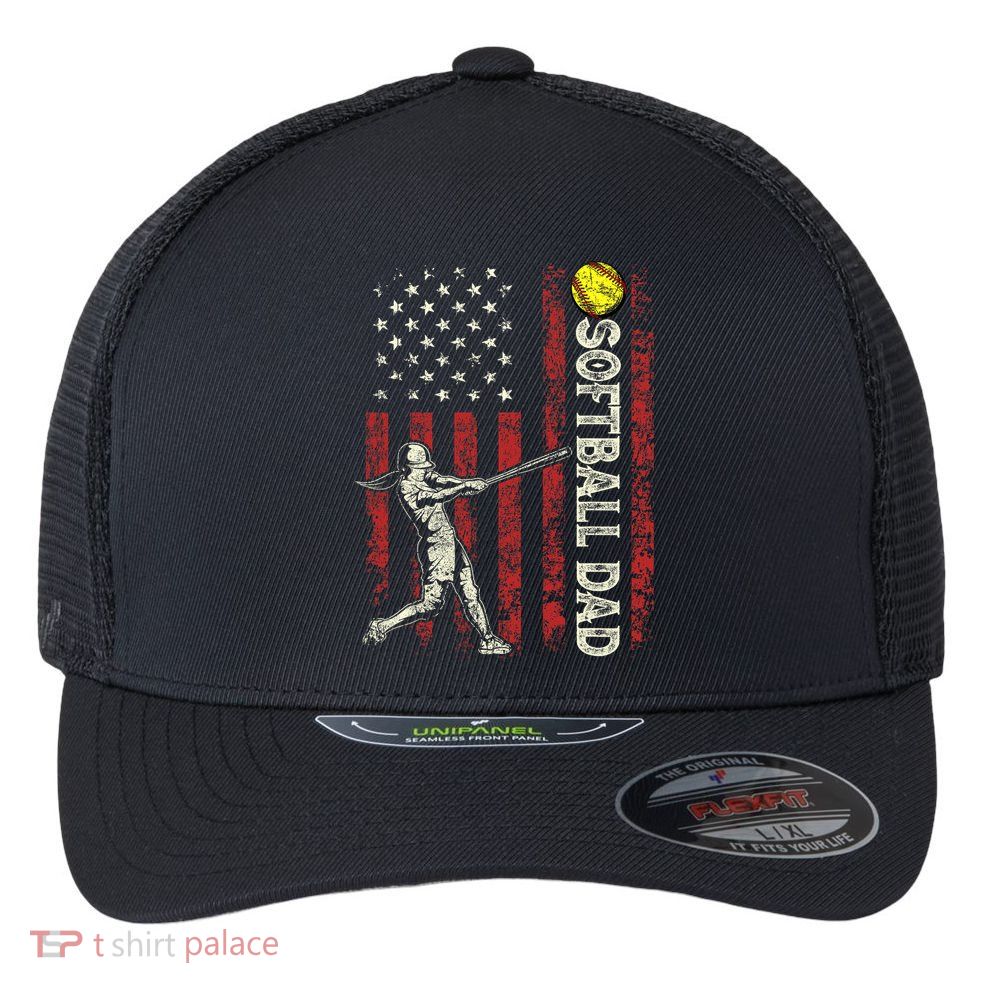 Softball Dad US Flag Gifts For Dad Men Patriotic Fathers Day Flexfit Unipanel Trucker Cap
