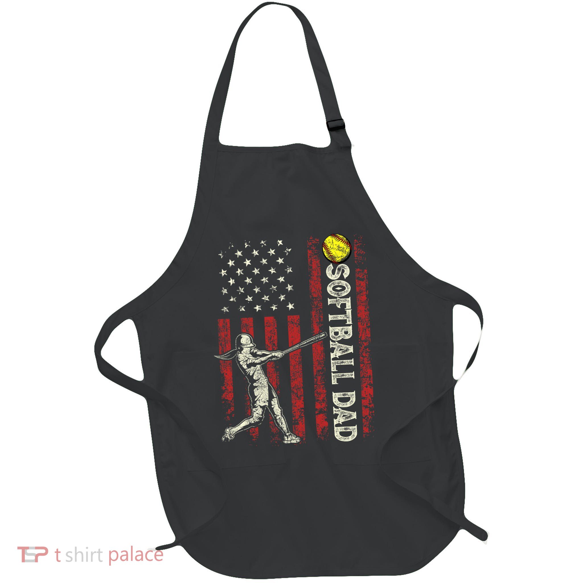 Softball Dad US Flag Gifts For Dad Men Patriotic Fathers Day Full-Length Apron With Pockets