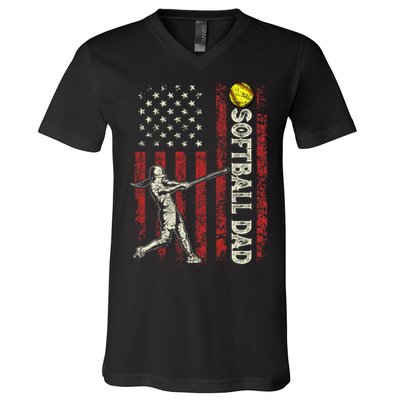 Softball Dad US Flag Gifts For Dad Men Patriotic Fathers Day V-Neck T-Shirt