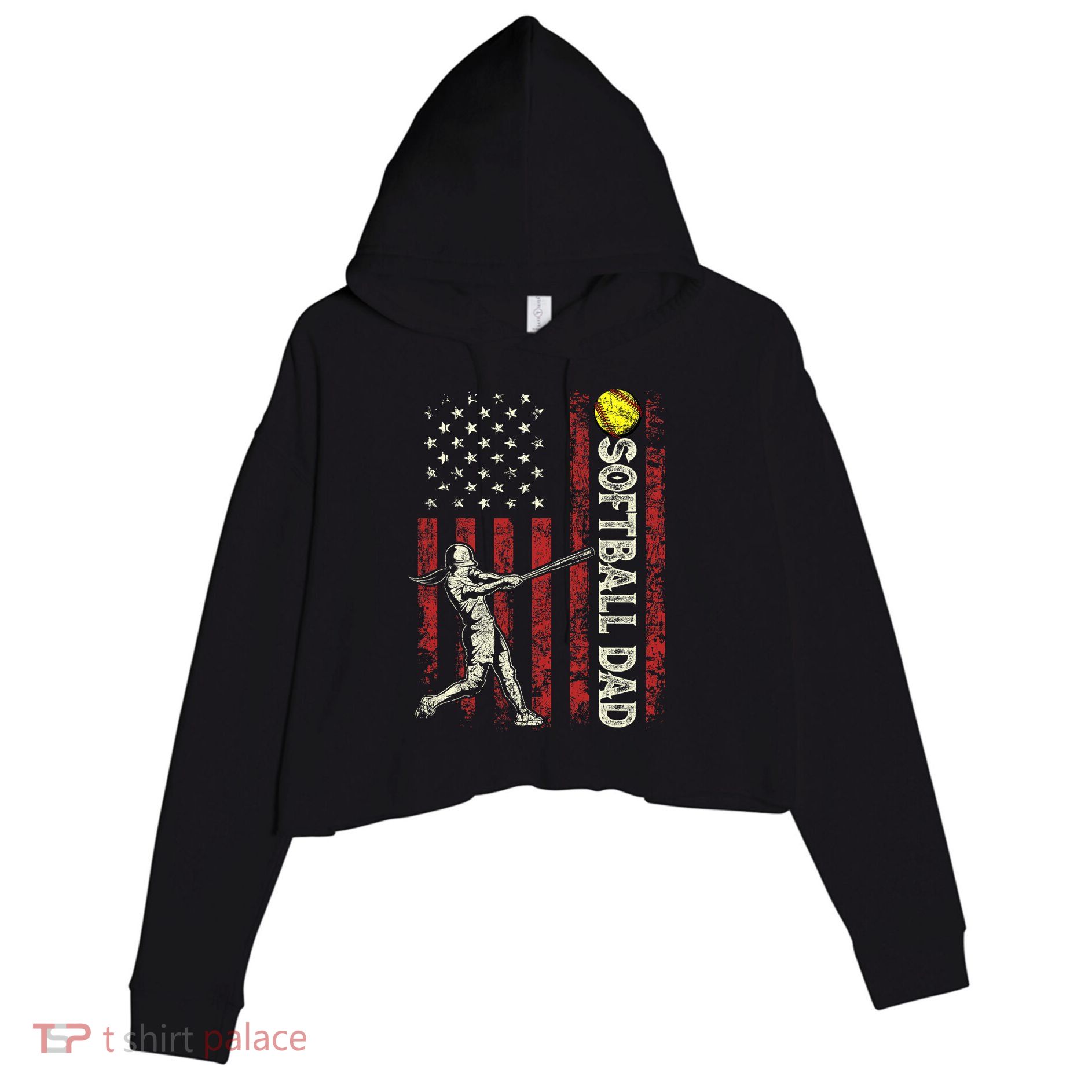 Softball Dad US Flag Gifts For Dad Men Patriotic Fathers Day Crop Fleece Hoodie