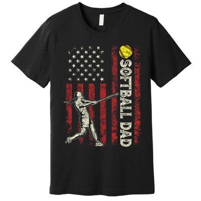 Softball Dad US Flag Gifts For Dad Men Patriotic Fathers Day Premium T-Shirt