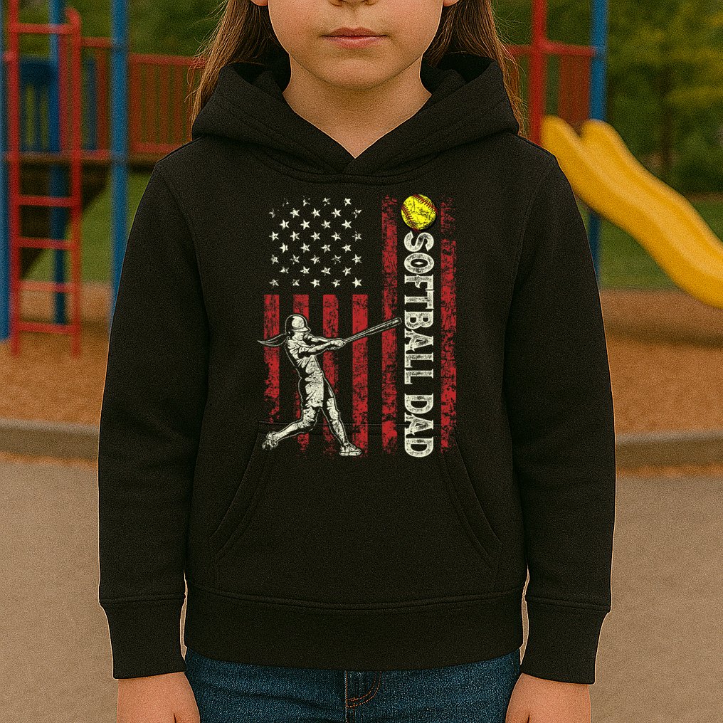 Softball Dad US Flag Gifts For Dad Men Patriotic Fathers Day Kids Hoodie
