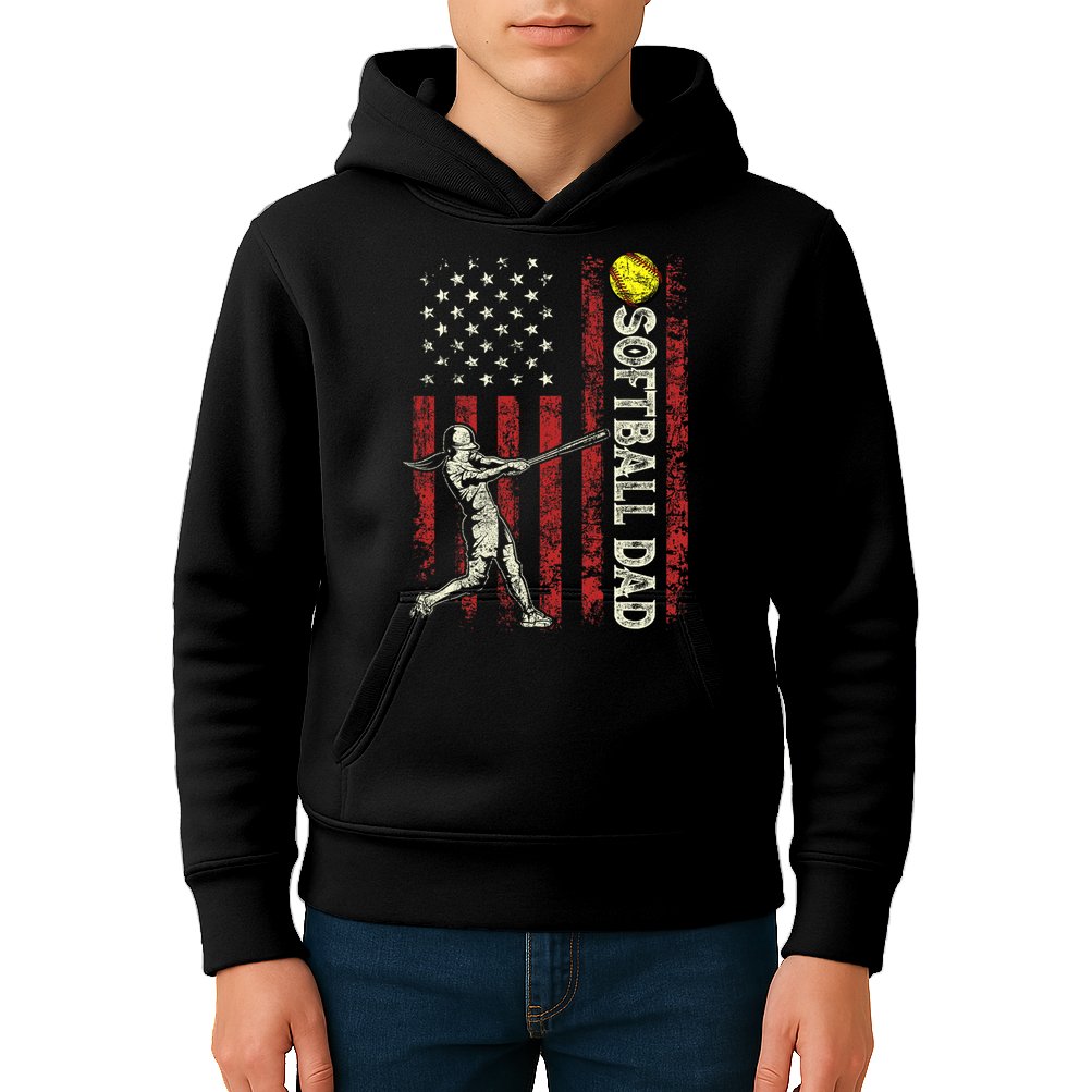 Softball Dad US Flag Gifts For Dad Men Patriotic Fathers Day Kids Hoodie