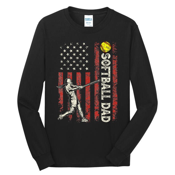 Softball Dad Us Flag Gifts For Dad Patriotic Fathers Day Tall Long Sleeve T-Shirt