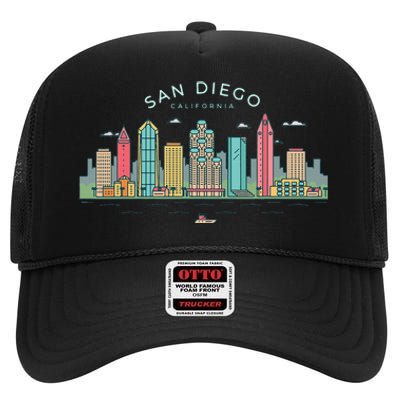 San Diego Vintage San Diego California Skyline High Crown Mesh Back Trucker Hat