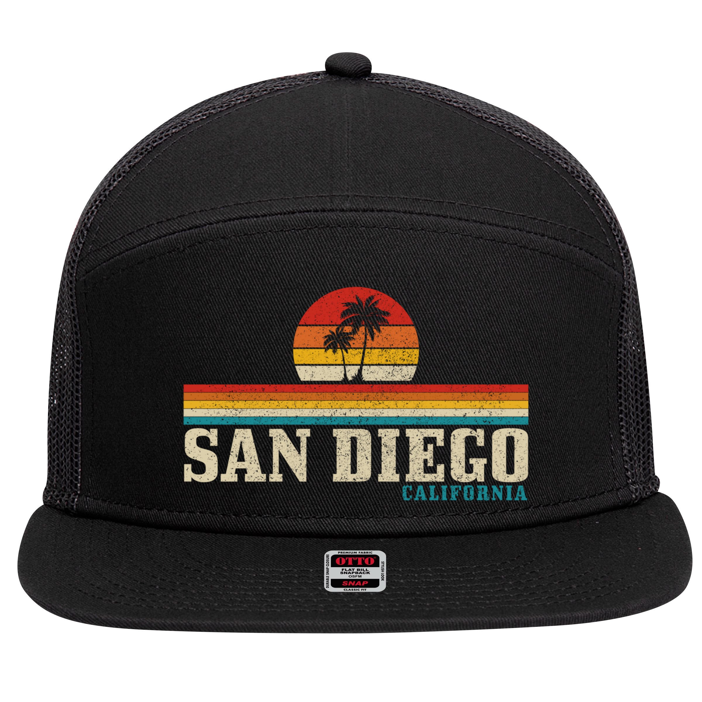 San Diego Vintage Sunset California Sailing Surfer San Diego Great Gift 7 Panel Mesh Trucker Snapback Hat
