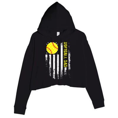 Softball Dad Vintage American Flag Father's Day Crop Fleece Hoodie