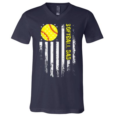 Softball Dad Vintage American Flag Father's Day V-Neck T-Shirt