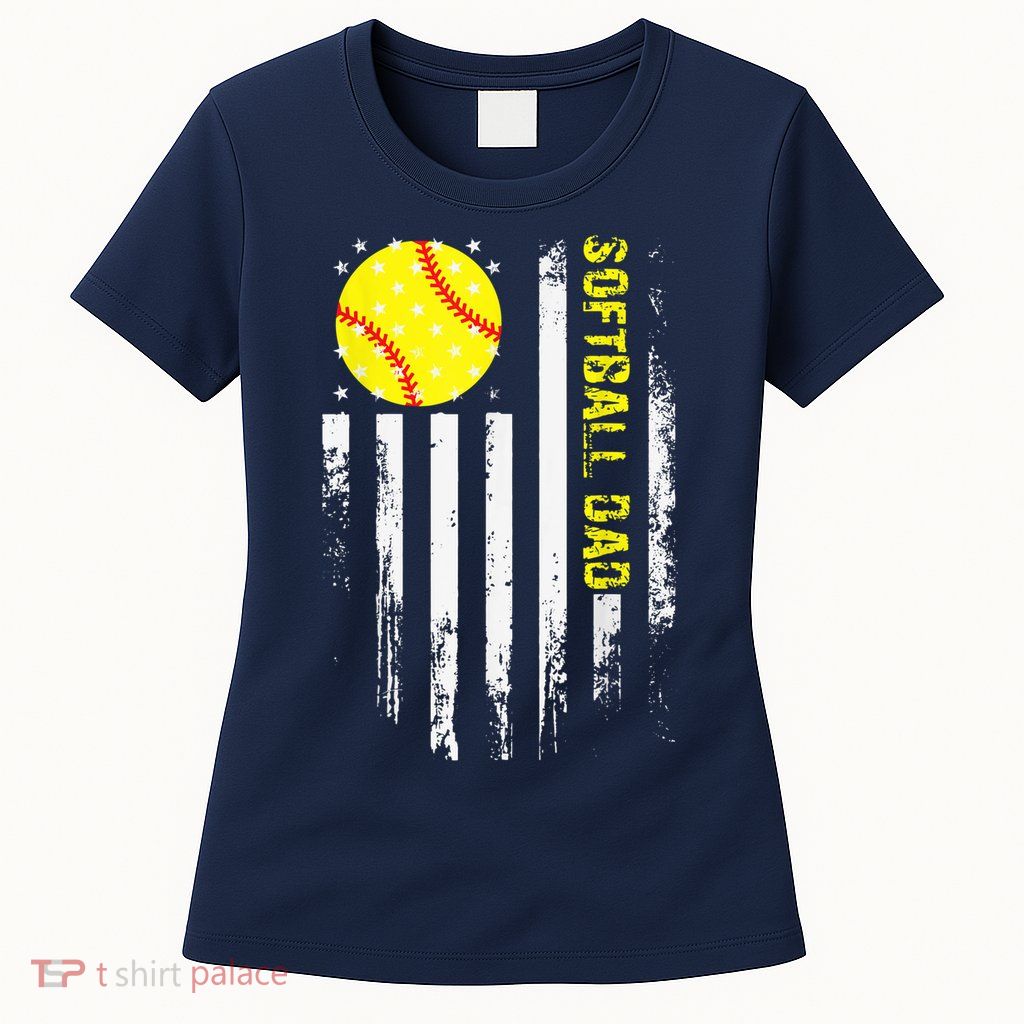 Softball Dad Vintage American Flag Father's Day Womens T-Shirt