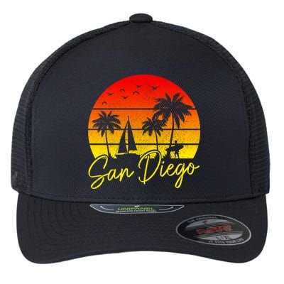 San Diego Vintage Sunset California Sailing Surfer San Diego Flexfit Unipanel Trucker Cap