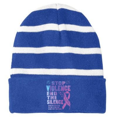 Stop Domestic Violence End Silence Awareness Striped Beanie with Solid Band