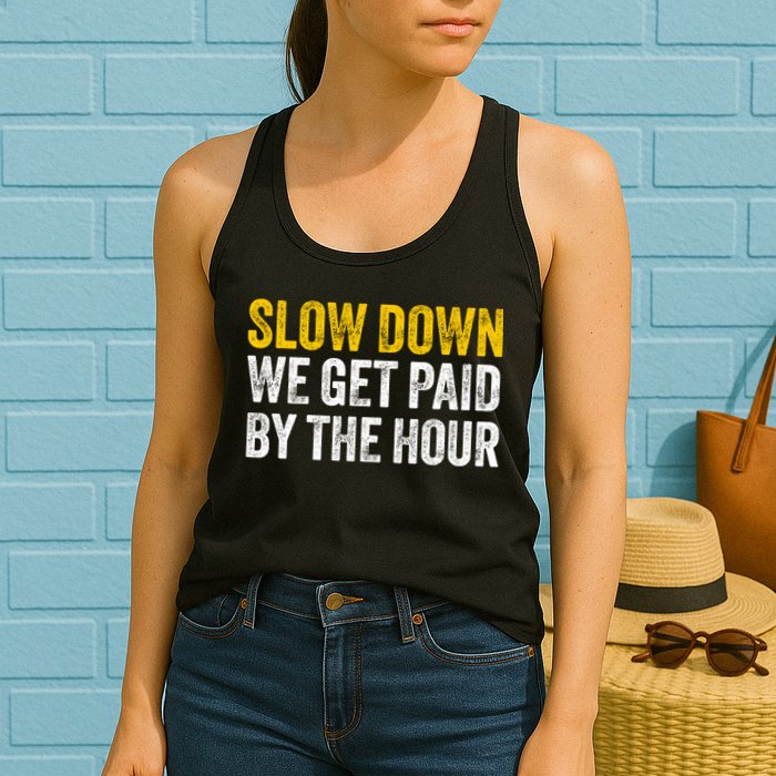 Slow Down We Get Paid By The Hour Funny Laborers Labor Day Womens Tank Top