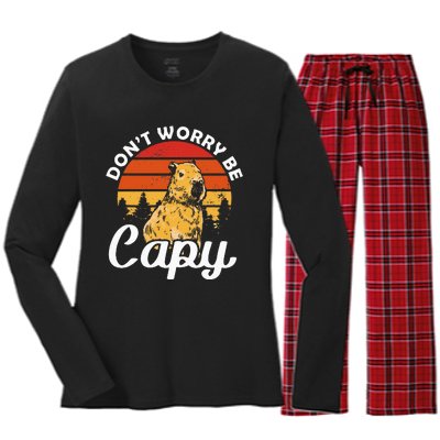 Sunset Dont Worry Be Capy Cute Capybara Women's Long Sleeve Flannel Pajama Set 