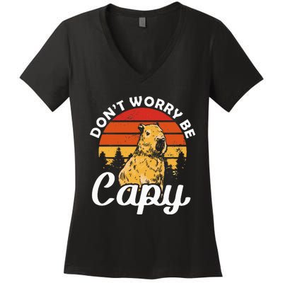 Sunset Dont Worry Be Capy Cute Capybara Women's V-Neck T-Shirt