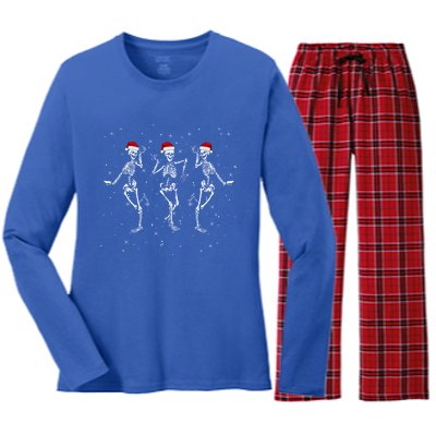 Skeletons Dancing With Xmas Hats Funny Christmas Skeleton Great Gift Women's Long Sleeve Flannel Pajama Set 