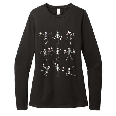 Skeleton Dancing With Hallo Wine Halloween Party Womens CVC Long Sleeve Shirt