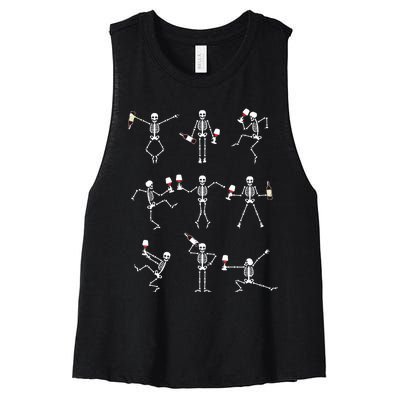 Skeleton Dancing With Hallo Wine Halloween Party Women's Racerback Cropped Tank