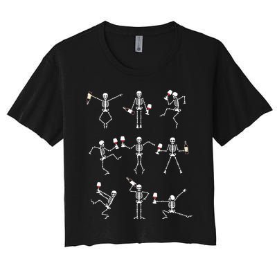 Skeleton Dancing With Hallo Wine Halloween Party Women's Crop Top Tee