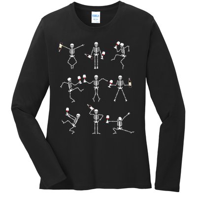 Skeleton Dancing With Hallo Wine Halloween Party Ladies Long Sleeve Shirt