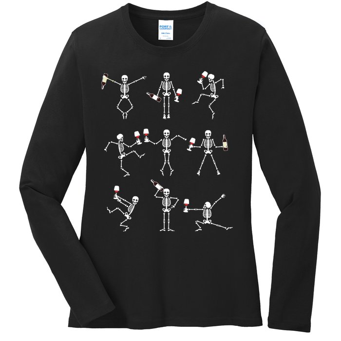 Skeleton Dancing With Hallo Wine Halloween Party Ladies Long Sleeve Shirt