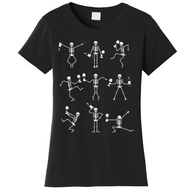 Skeleton Dancing With Hallo Wine Halloween Party Women's T-Shirt