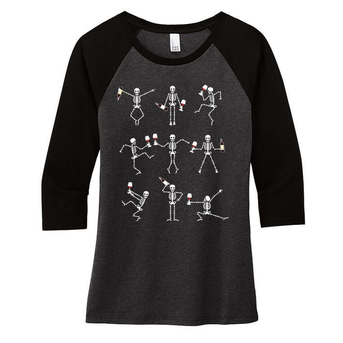 Skeleton Dancing With Hallo Wine Halloween Party Women's Tri-Blend 3/4-Sleeve Raglan Shirt