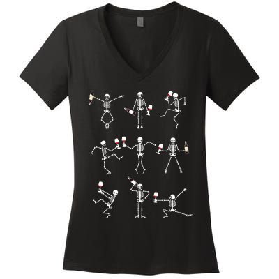 Skeleton Dancing With Hallo Wine Halloween Party Women's V-Neck T-Shirt