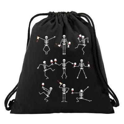 Skeleton Dancing With Hallo Wine Halloween Party Drawstring Bag