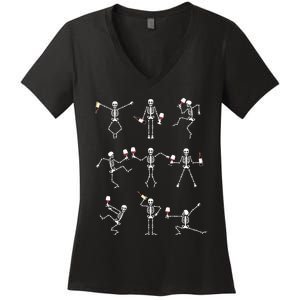 Skeleton Dancing With Hallo Wine Halloween Party Women's V-Neck T-Shirt