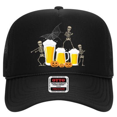 Skeleton Dance With Beer Mugs Halloween Fun Drinking Adults High Crown Mesh Back Trucker Hat