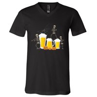 Skeleton Dance With Beer Mugs Halloween Fun Drinking Adults V-Neck T-Shirt