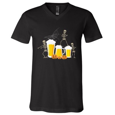 Skeleton Dance With Beer Mugs Halloween Fun Drinking Adults V-Neck T-Shirt