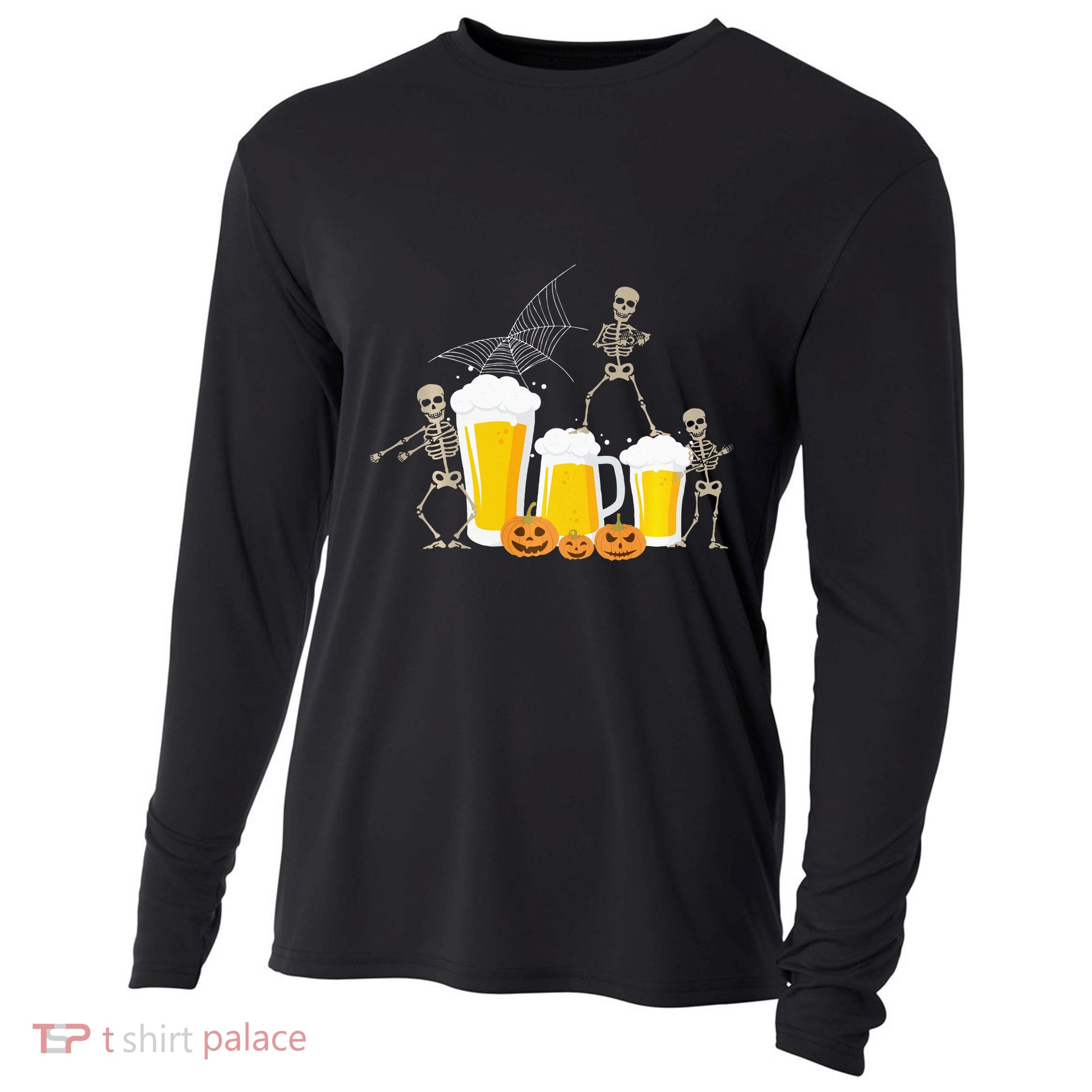 Skeleton Dance With Beer Mugs Halloween Fun Drinking Adults Cooling Performance Long Sleeve Crew