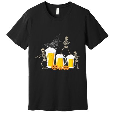 Skeleton Dance With Beer Mugs Halloween Fun Drinking Adults Premium T-Shirt