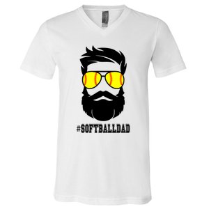 Softball Dad With Beard And Cool Sunglasses Cute Gift V-Neck T-Shirt