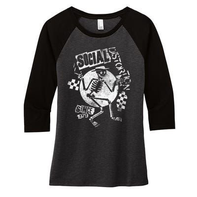 Social Distortion White Spray Skelly Women's Tri-Blend 3/4-Sleeve Raglan Shirt