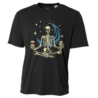 Skeleton Doing Yoga And Drinking Coffee Funny Meditation Cooling Performance Crew T-Shirt