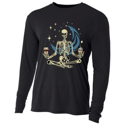 Skeleton Doing Yoga And Drinking Coffee Funny Meditation Cooling Performance Long Sleeve Crew