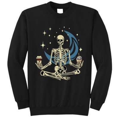 Skeleton Doing Yoga And Drinking Coffee Funny Meditation Tall Sweatshirt