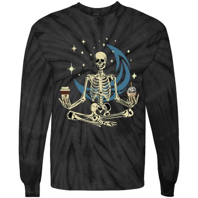 Skeleton Doing Yoga And Drinking Coffee Funny Meditation Tie-Dye Long Sleeve Shirt