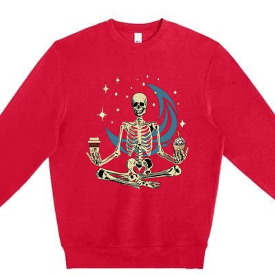 Skeleton Doing Yoga And Drinking Coffee Funny Meditation Premium Crewneck Sweatshirt