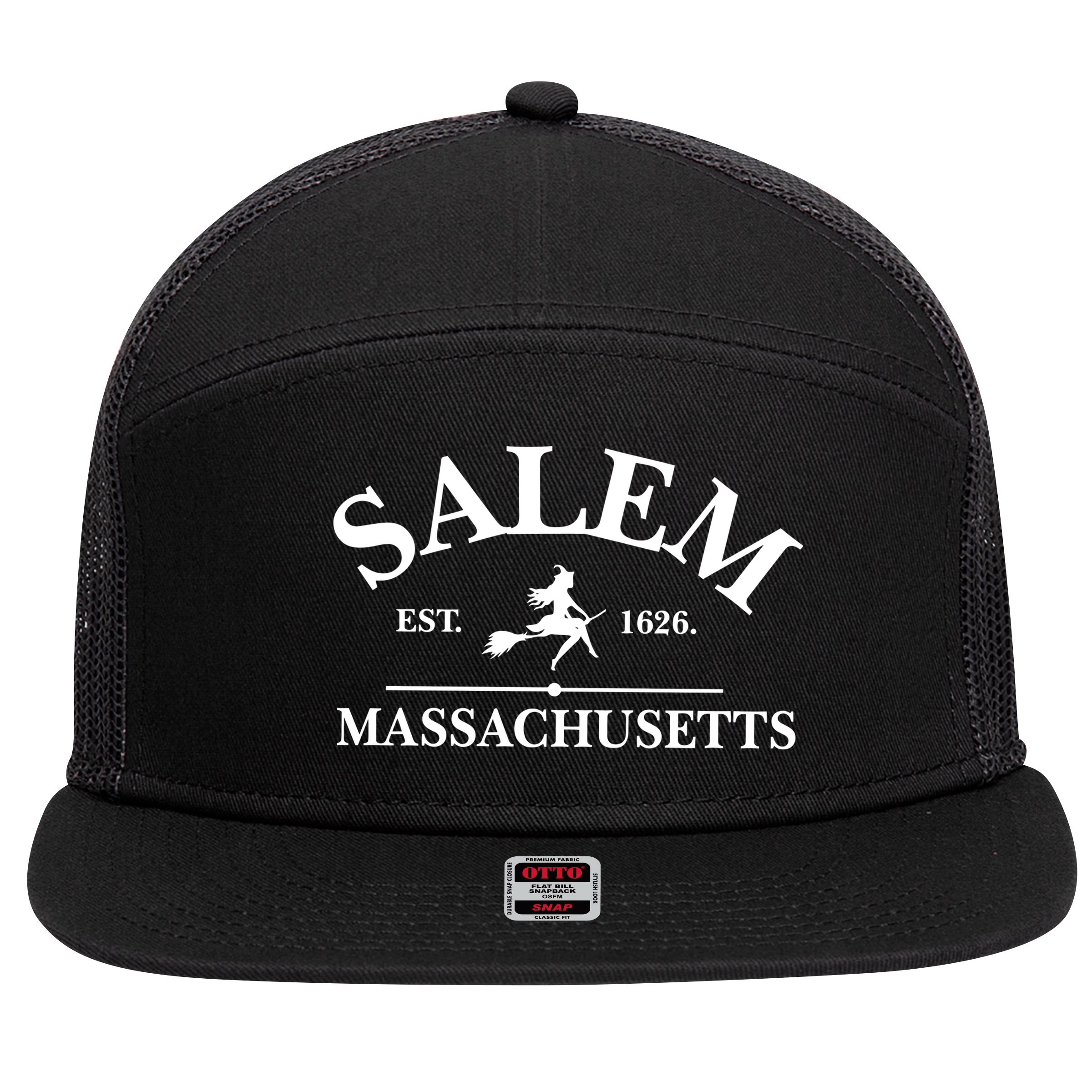 Salem Est 1626 Massachusetts Halloween Witch Wizard 7 Panel Mesh Trucker Snapback Hat