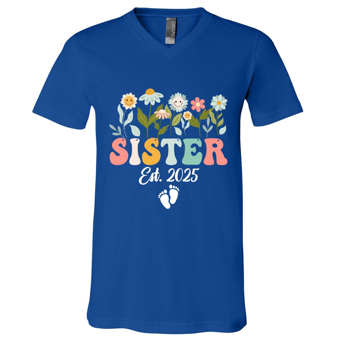 Sister Est 2025 Promoted To Sister 2025 Cute Floral Gift V-Neck T-Shirt