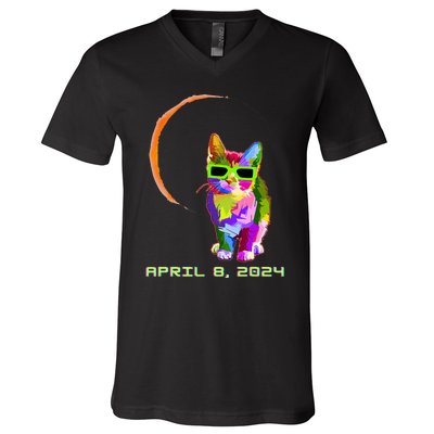 Solar Eclipse 2024 Cat Wearing Solar Eclipse Glasses V-Neck T-Shirt